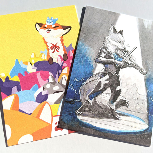 Foxy postcard prints: Boxfox and Bluebell